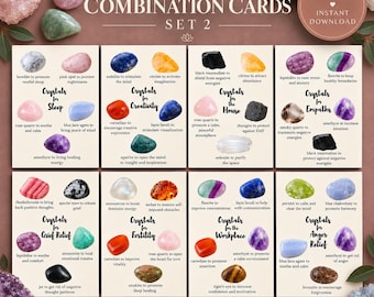 Puede incluir: Un conjunto de ocho tarjetas informativas tituladas Crystal Combination Cards Set 2, que muestran varias piedras preciosas pulidas y sus propiedades. Cada tarjeta enumera cristales específicos para fines como el sueño, la creatividad, el hogar, la empatía, el duelo, la fertilidad, el trabajo y la ira.