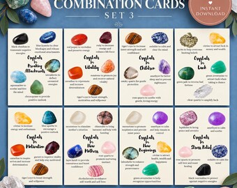Puede incluir: Un conjunto de ocho tarjetas informativas tituladas Crystal Combination Cards Set 3, que presentan varias piedras preciosas pulidas como obsidiana, amatista y citrino. Cada tarjeta muestra los nombres de los cristales y sus propiedades.