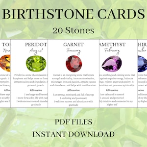 Cartes de pierre de naissance imprimables, ensemble de 20 cartes d’information en cristal, cartes d’affirmation d’anniversaire, téléchargement instantané