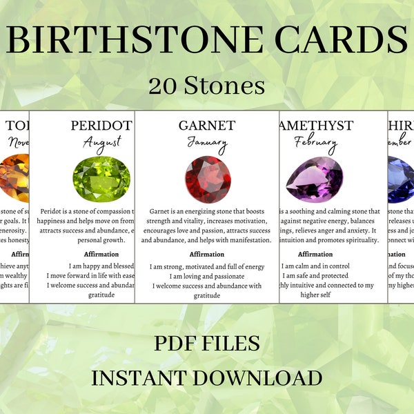 Printable Birthstone Cards, Set of 20 Crystal Information Cards, Birthday Affirmation Cards, Instant Download