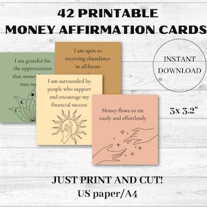 Tarjetas de afirmación de dinero imprimibles, tarjetas de riqueza y prosperidad, manifestación de abundancia financiera, imán de dinero, mentalidad millonaria