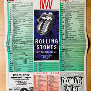 May include: A music chart poster from September 1989, showcasing the Rolling Stones' single "Mixed Emotions." The poster displays a list of the top 75 singles, album art, and advertisements for other music releases.