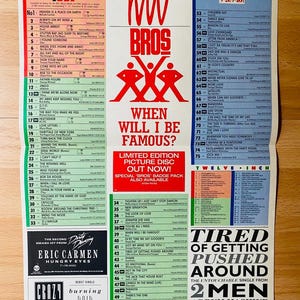 May include: A retro music chart poster displaying the top 75 singles. The poster features the band Bros, the song "Tired of Getting Pushed Around" by 2 Men, and other popular songs from the time. The poster is well-preserved.
