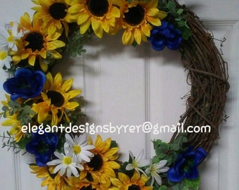 Blue and Yellow Wreath, Sunflower and Anemone Wreath, Country Wreath, Summer Wreath, Farmhouse Sunflower Wreath