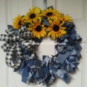 Denim Sunflower Wreath, Rag Wreath, Country Wreath, Farmhouse Wreath, Rustic Wreath