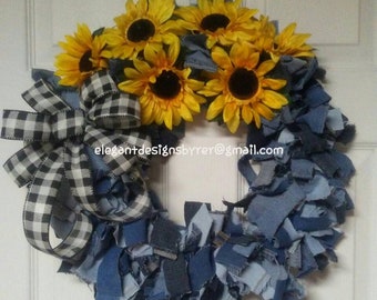 Denim Sunflower Wreath, Rag Wreath, Farmhouse Decor