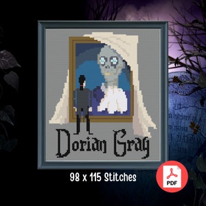May include: Cross-stitch pattern of a portrait of a man with a white sheet draped over his head, with the text "Dorian Gray" below. The pattern is 98 x 115 stitches.