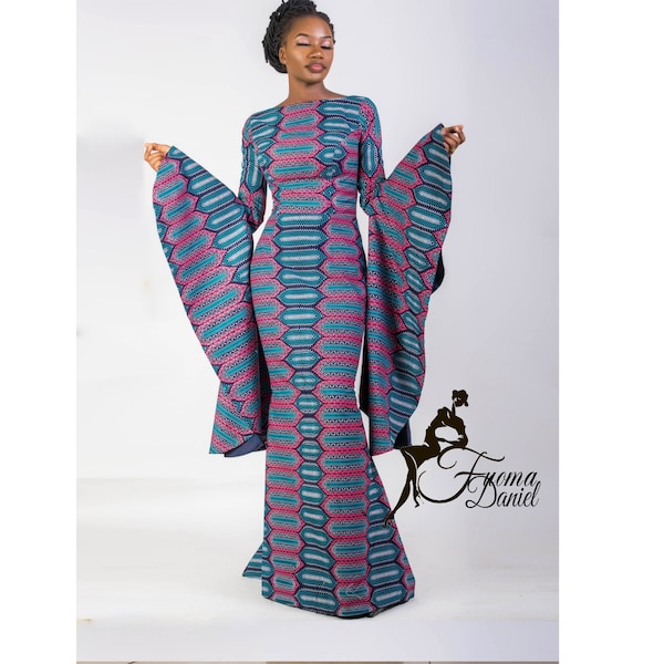 African dress with exaggerated sleeves / African prom dress / Ankara dresses for women / African clothing / African dress for women