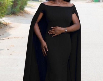 Black off shoulder jersey dress with cape / African clothing / African prom dress / African clothing for women / African wedding dress