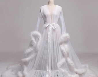 white sheer robe with fur trim