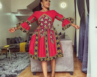 African Knee Length Midi Dress, Ankara Dress, Ankara fit and flare gowns, African short dresses, African midi dress, African clothing