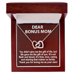 Regalo per la seconda mamma, collana "Mamma Bonus", collana con due cuori, mamma non biologica, biglietto d'auguri, regalo per matrigna, mamma adottiva, portagioie con messaggio