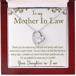 Schwiegermutter-Halskette, personalisiertes Geschenk, Herz-Halskette und kundengebundene Nachricht, Nachrichtenschmuck in einer Geschenkbox, Sentimentalgeschenk