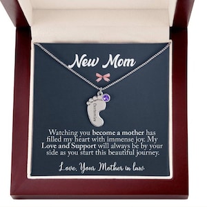 Collar personalizado con nombre de pie de bebé, piedra natal, regalo para nueva mamá, collar personalizado, joyería con mensaje, regalo para baby shower, regalos para mamá