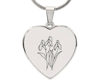 Engraved Heart Necklace, Birth Month Flower, Gifts for Mom, Daughter Gifts, Custom Flower Necklace, Birthday Gifts, Family Christmas Gift