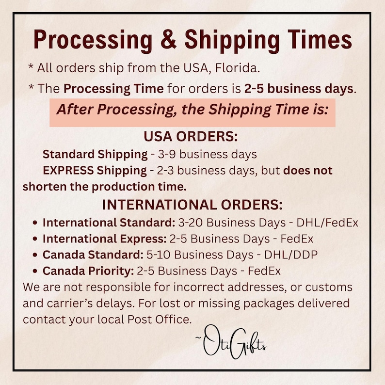 May include: A cream-colored graphic with the text "Processing & Shipping Times." It details processing and shipping times for USA, International, and Canada orders. Includes the shop's name, Oti Gifts.