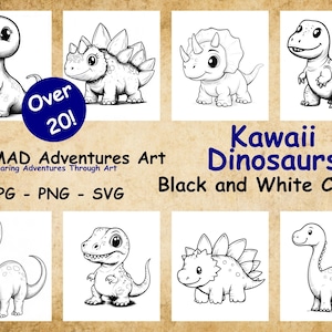 Pacchetto di oltre 25 clipart di dinosauri in stile kawaii in bianco e nero - PNG, SVG, JPG - Disegni al tratto di dinosauri - Divertenti dinosauri da usare nei tuoi progetti!