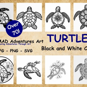 Clipart de tortuga marina en blanco y negro: más de 70 diseños: tortugas marinas con mandalas, PNG, SVG, JPG: úselo en sus diseños, invitaciones, etc.