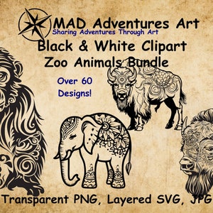 Bundel met 60+ zwart/witte dierentuindieren met prachtige ontwerpen - png, svg, jpg - Gebruik in je ontwerpen, voor kleurboeken, gravures, enz!