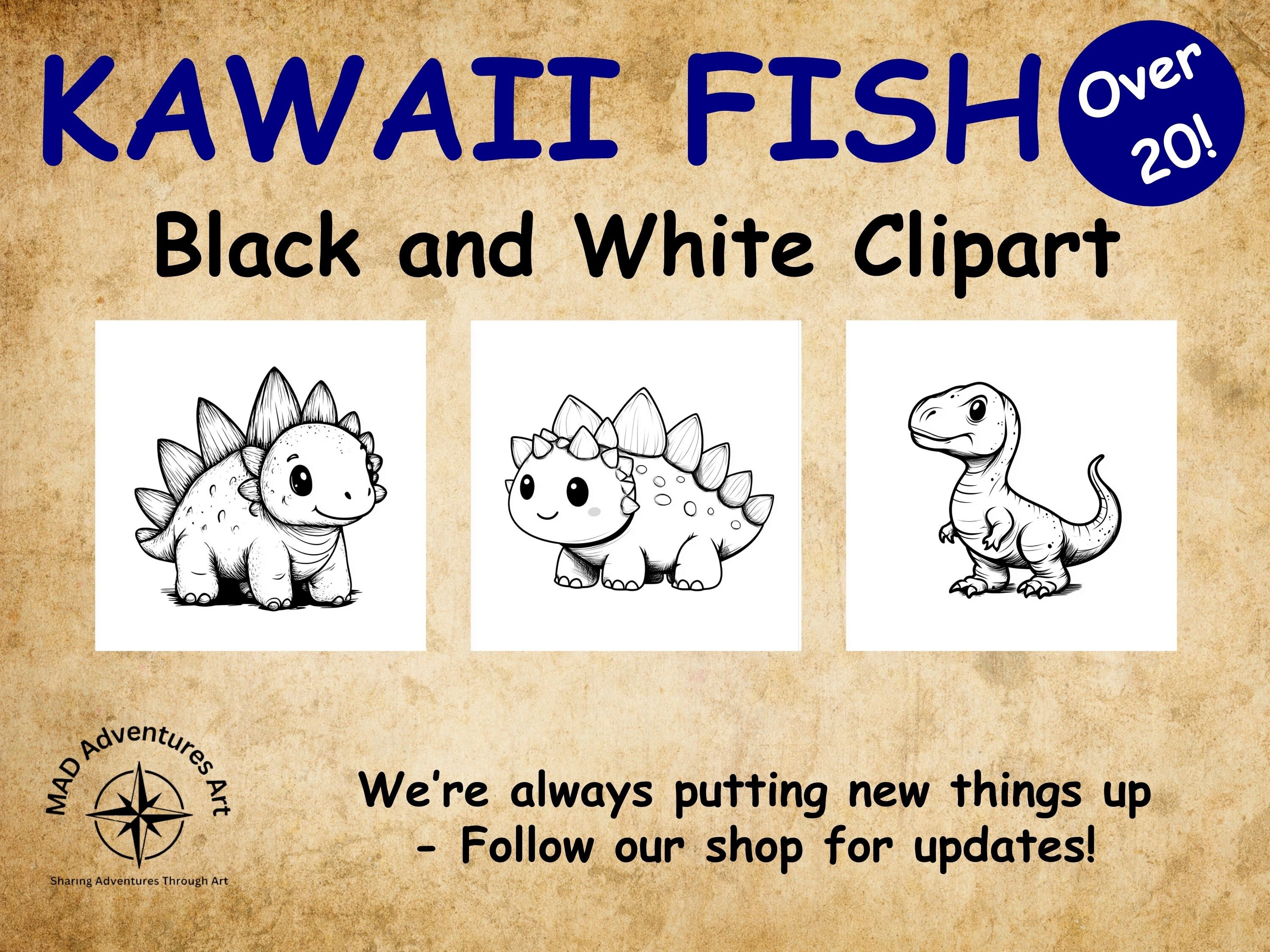 Kawaii Dinosaur Clipart Bundle: Black and White Line Art (PNG, SVG, JPG ...