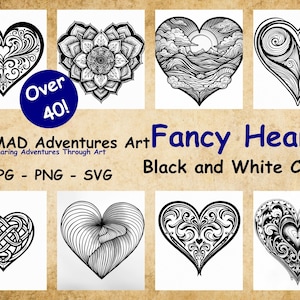 Pacote com mais de 40 corações extravagantes em preto e branco com lindos designs - PNG, SVG, JPG - Clipart de coração - Use em seus designs, gravuras, qualquer coisa, etc.!
