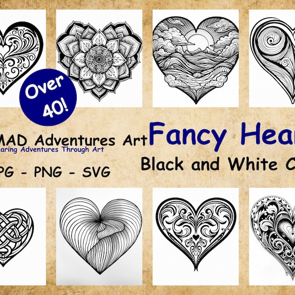 40+ Black/White Fancy Hearts Bundle with beautiful designs - PNG, SVG, JPG - Heart Clipart - Use in your designs, engravings, anything etc!