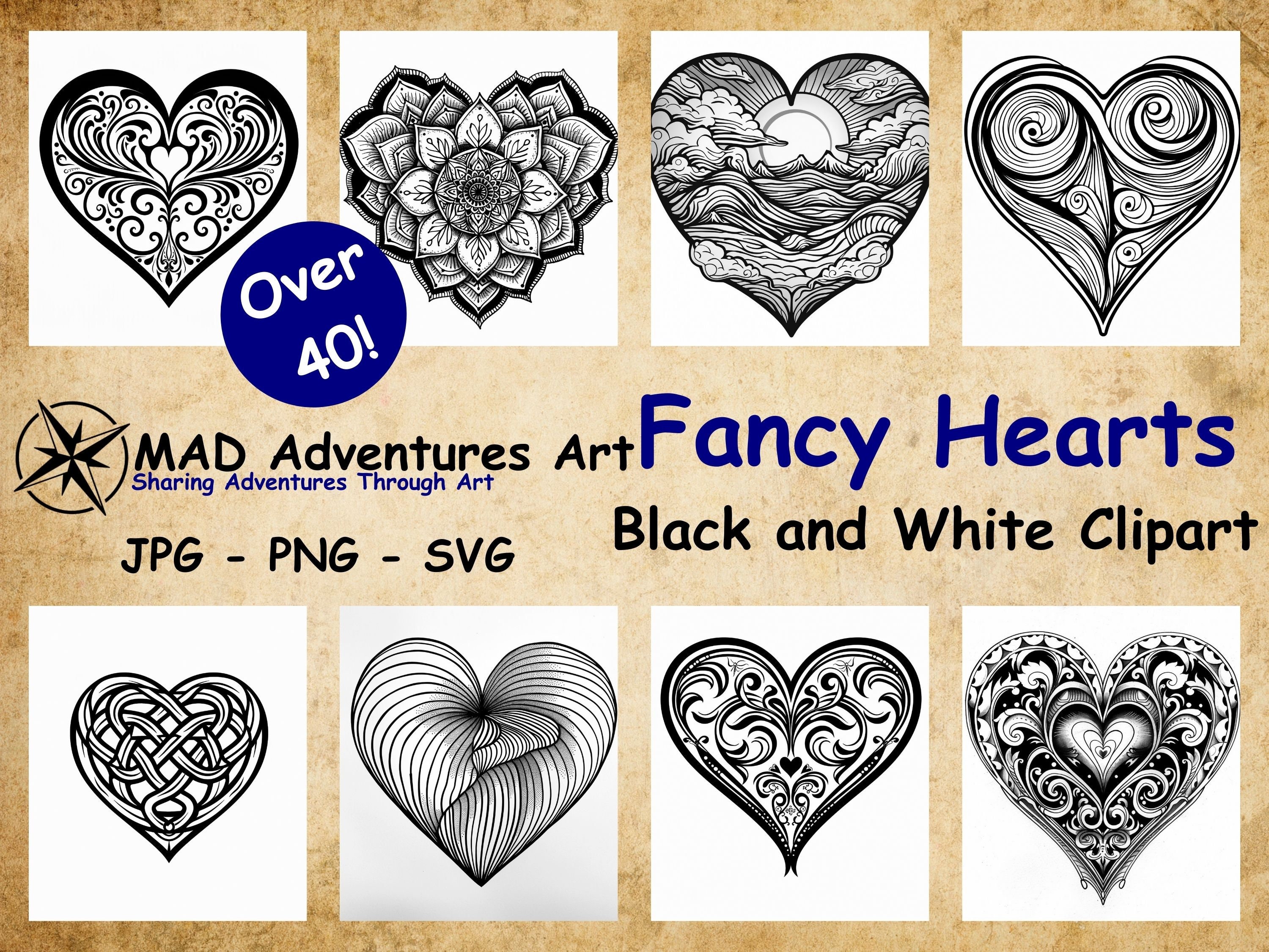 Fancy Heart Clipart Bundle: Black and White Designs (PNG, SVG, JPG) - Etsy, image size:3000x2250