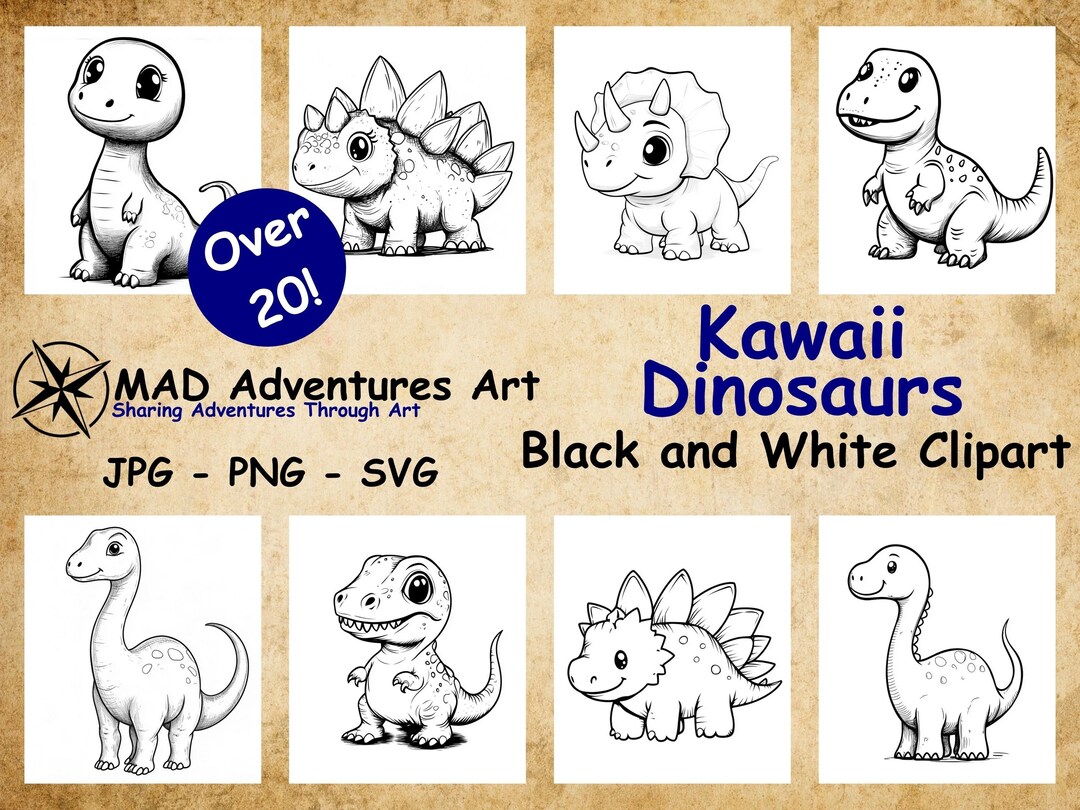 Kawaii Dinosaur Clipart Bundle: Black and White Line Art (PNG, SVG, JPG ...
