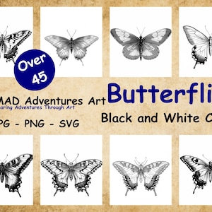 Clipart papillon noir et blanc - plus de 45 modèles - toutes sortes de papillons, PNG, SVG, JPG - à utiliser dans vos créations, invitations, etc.