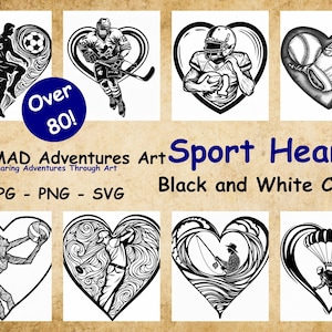 80+ zwart/wit fancy sports harten clipartbundel met prachtige ontwerpen - png, svg, jpg - gebruik in je ontwerpen, gravures, alles enz!