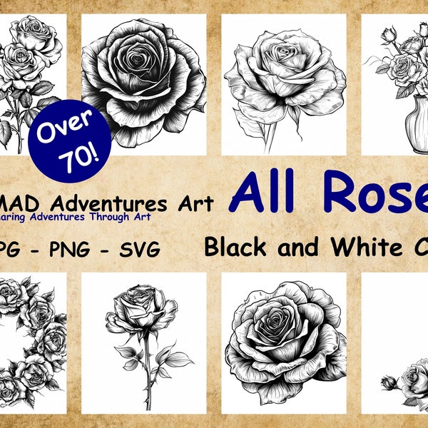 Over 70 Black and White Rose Clipart files! PNG, SVG, JPG - Use beautiful roses in your designs, invitations, Mother's Day Gift cards, etc.