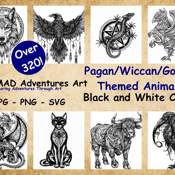 320+ Black/White Bundle of Pagan/Wiccan/Gothic Themed Animals perfect for your design needs - PNG, SVG, JPG - Owls, Bulls, Ravens, Wolves