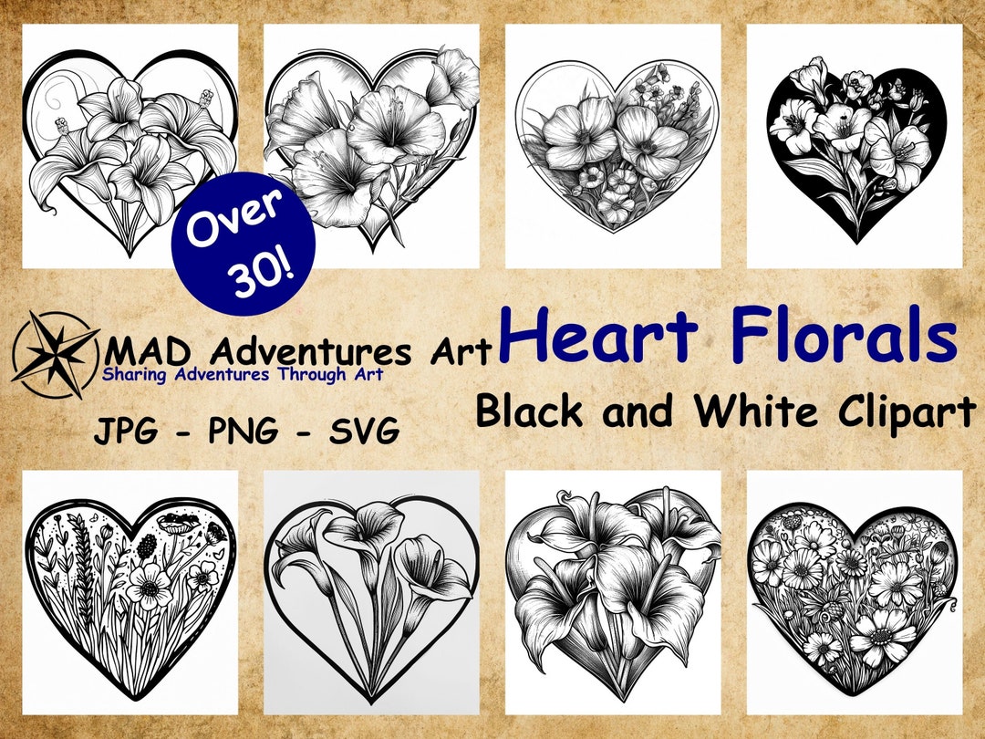 Black and White Heart Floral Clipart Bundle (PNG, SVG, JPG) - Etsy