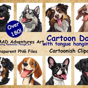 Más de 180 perros coloridos con la lengua afuera Clipart digital - PNG transparente - ¡Prepara tus diseños con estos personajes locos!