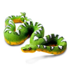 May include: A green and white snake toy with a yellow underside. The snake is curled up in a coil.