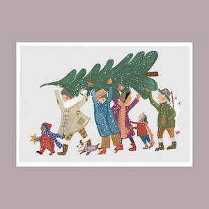 Weihnachtskarte Kunstdruck - Familie mit Weihnachtsbaum