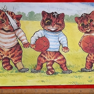 Vintage mounted coloured coloured Louis Wain cat print - cricket