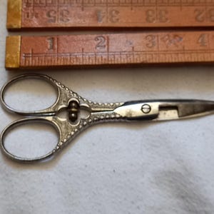 Può includere: Forbici decorative argentate con punta affilata e un piccolo design ornamentale. Le forbici sono chiuse e hanno un piccolo pomo rotondo sull'impugnatura.