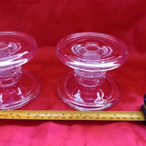 Superb pair of glass candlesticks 3 &quot;1/2 inches high 4 and 1/2 inches wide. Vintage glass candlesticks, glass super condition no chips