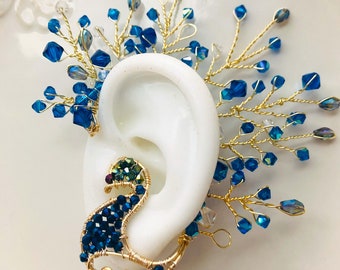 peacock ear cuff - solitaire earring - one piece earring for party - anniversary - holiday gift for women