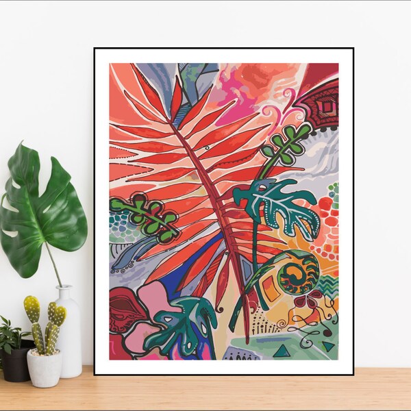 Abstract Tropical Leaf Instant Download, Palm Leaf Print, Banana Leaf Print, Colorful Printable Digital Download Design, Leaves Wall Art