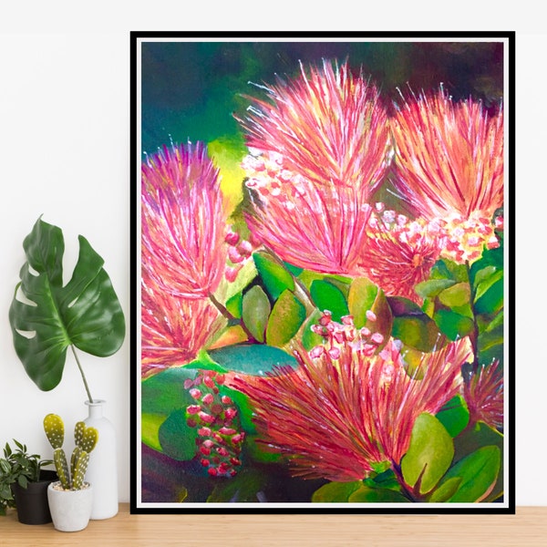 Ohia Lehua INSTANT DOWNLOAD, Native Hawaiian Flower Digital Art, Original Artwork, Floral Printable Art, Acrylic Painting Download, Maui HI