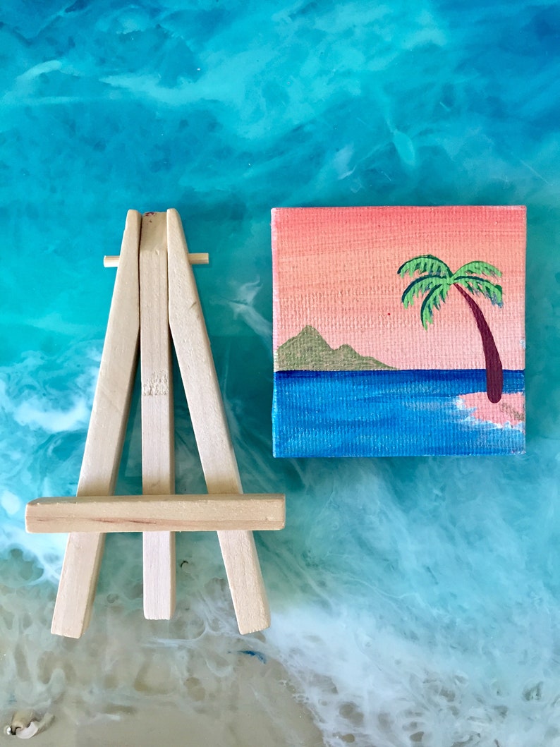Gifts For Beach Lovers Mini Painting Original Maui Beach Sunset Acrylic Painting Mini Canvas And Easel Combo Palm Tree Painting Art Collectibles Painting Jewellerymilad Com