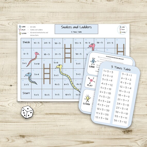3 Times Table Maths Game Snakes And Ladders Instant | Etsy