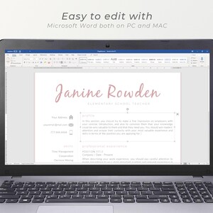 May include: A laptop screen displaying a Microsoft Word document with a resume template. The resume is for Janine Rowden, an Elementary School Teacher. The template includes sections for profile, skills, and professional experience.