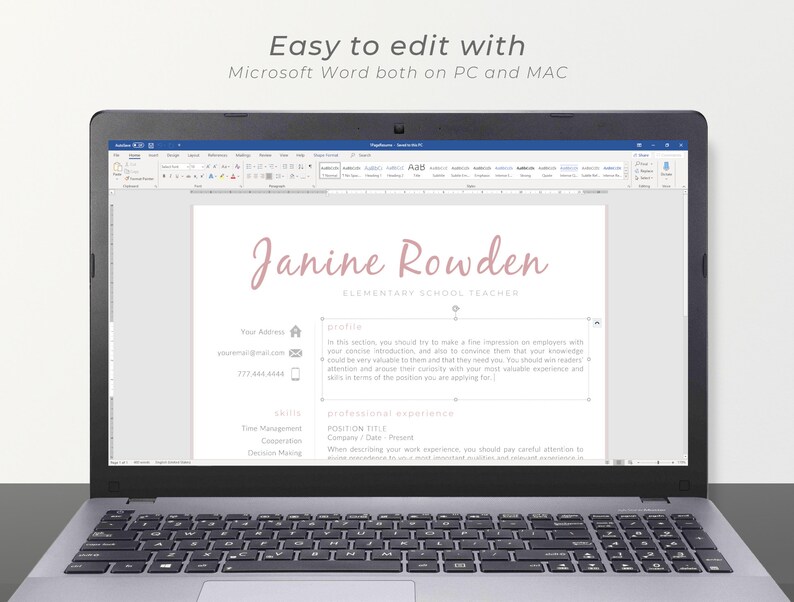 May include: A laptop screen displaying a Microsoft Word document with a resume template. The resume is for Janine Rowden, an Elementary School Teacher. The template includes sections for profile, skills, and professional experience.
