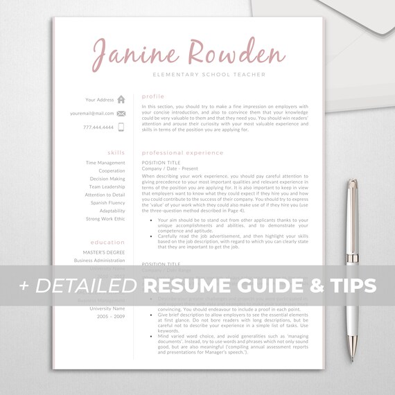 Teacher Resume Template for Word, Creative and Modern Resume Template Design, Cover Letter Template, Resume Writing Guide, Instant Download