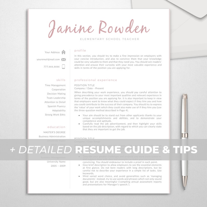 May include: A resume template with a pink header and a detailed resume guide and tips section. The resume template is for an elementary school teacher.