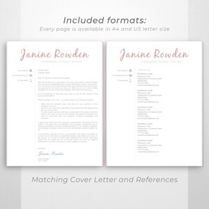 May include: A pink and gray cover letter and references template for an elementary school teacher. The cover letter includes a sample letter to a hiring manager and a section on what to include in a cover letter. The references page includes a list of references with their names, titles, organizations, and contact information.
