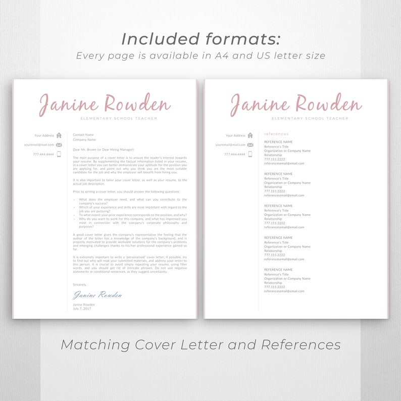 May include: A pink and gray cover letter and references template for an elementary school teacher. The cover letter includes a sample letter to a hiring manager and a section on what to include in a cover letter. The references page includes a list of references with their names, titles, organizations, and contact information.